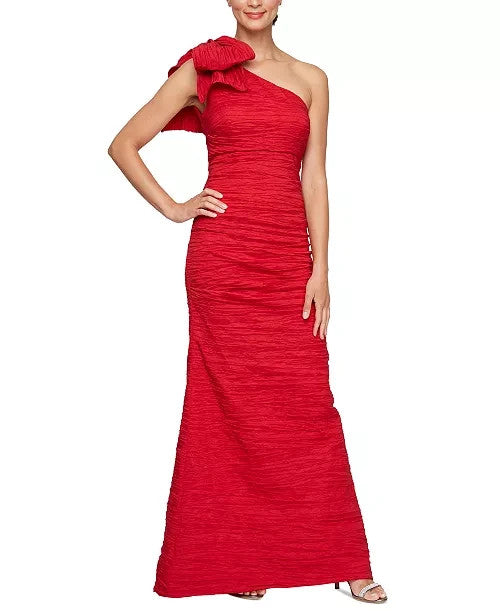 Alex Evenings Bow-Detail One-Shoulder Scuba-Crepe Gown MSRP $199 DGFOutlet Alex Evenings Bow-Detail One-Shoulder Scuba-Crepe Gown MSRP $199 DGFOutlet