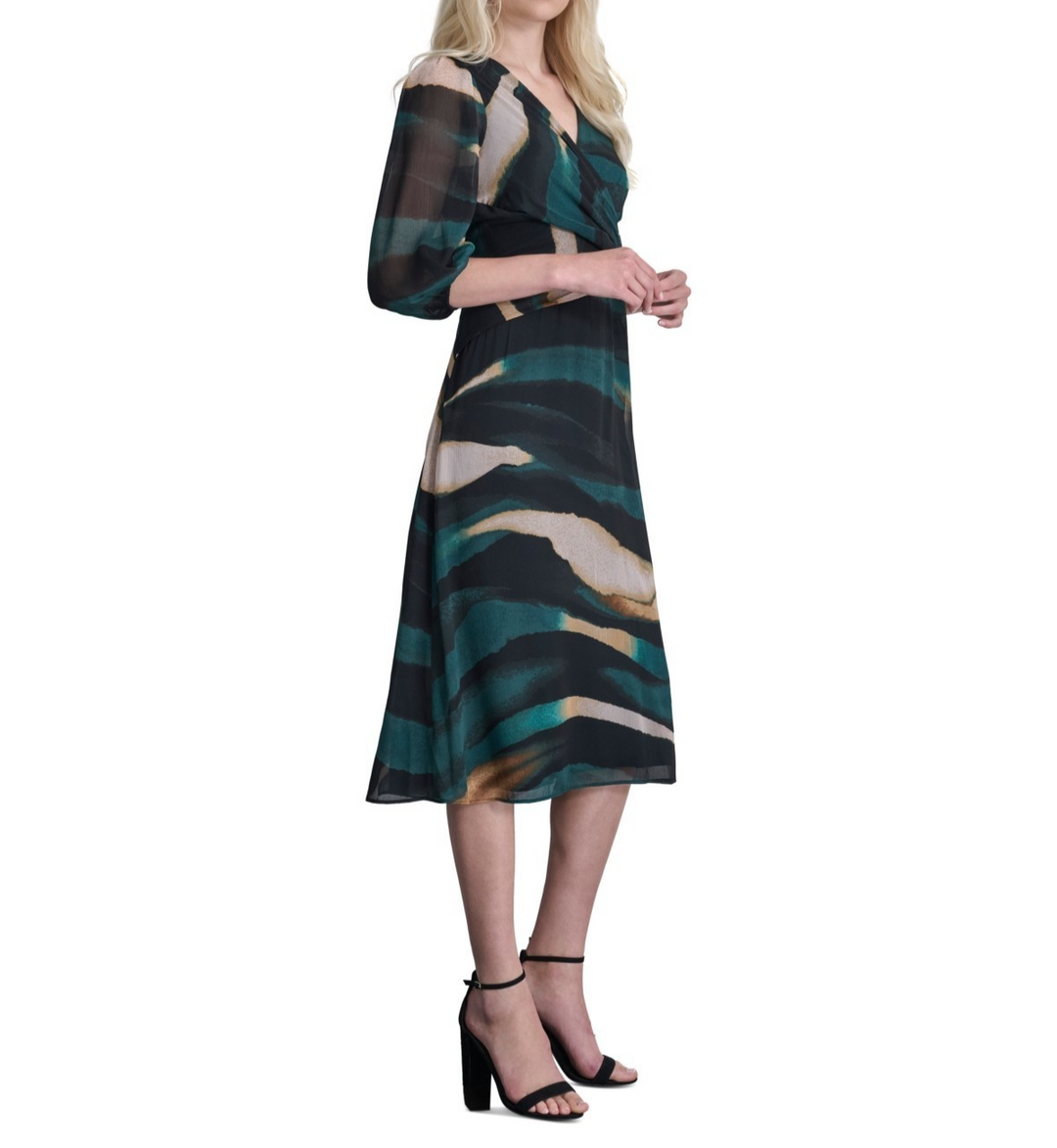 DKNY Women's Printed Balloon-Sleeve Side-Twist Dress MSRP $134