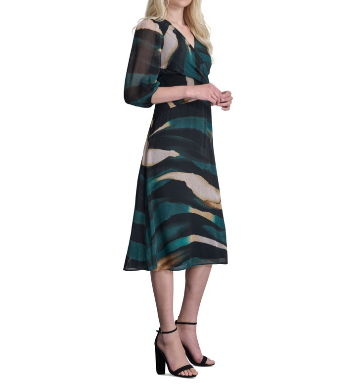 DKNY Women's Printed Balloon-Sleeve Side-Twist Dress MSRP $134