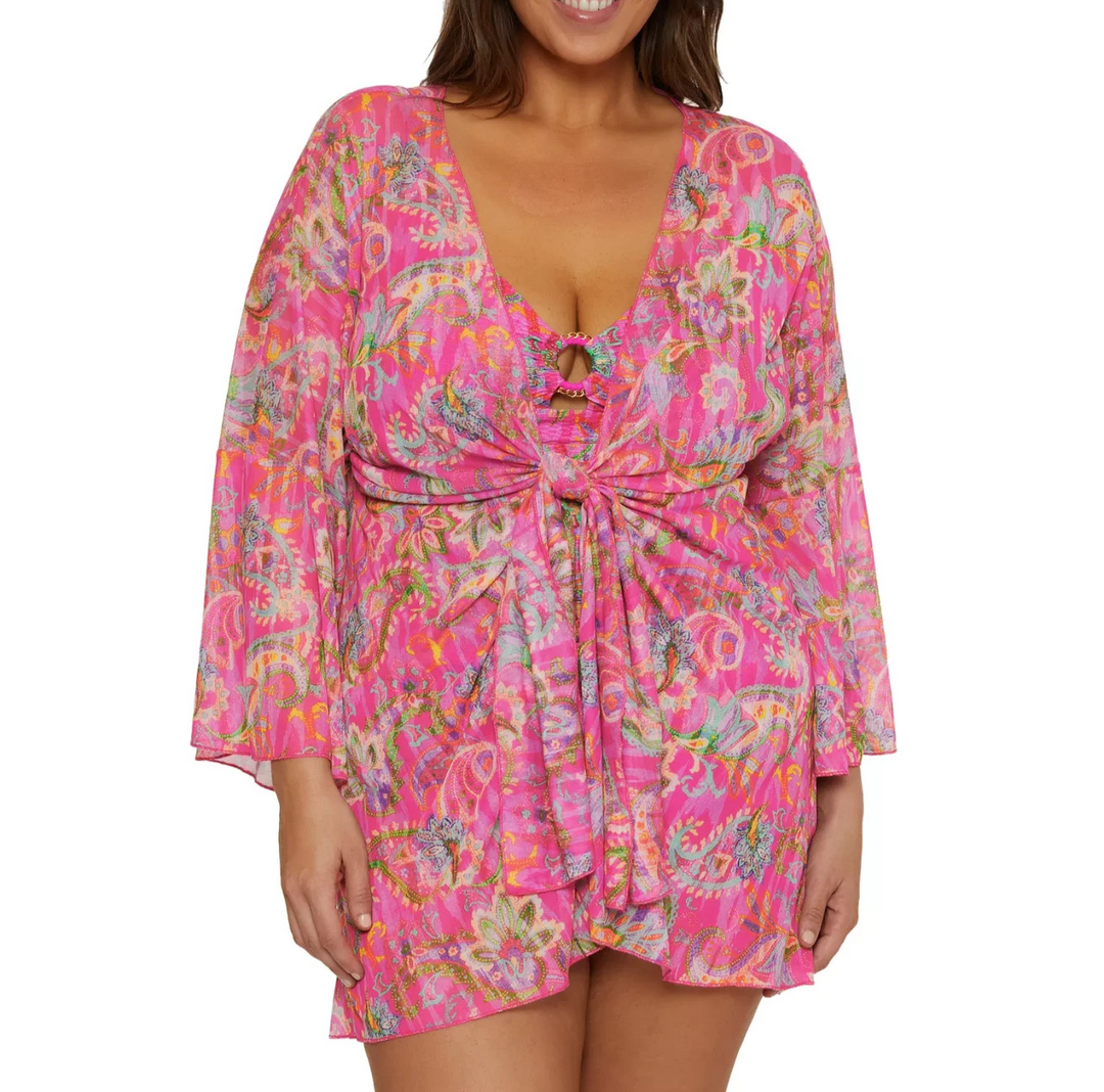 Becca ETC Plus Size Polynesia Tie-Front Tunic Swim Cover-Up MSRP $98