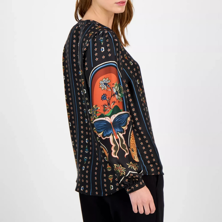 T Tahari Women's Printed Split-Neck Blouse MSRP $88
