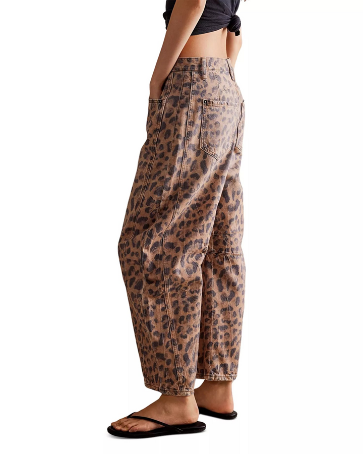 Free People We The Free Good Luck Leopard Barrel Leg Jeans MSRP $128