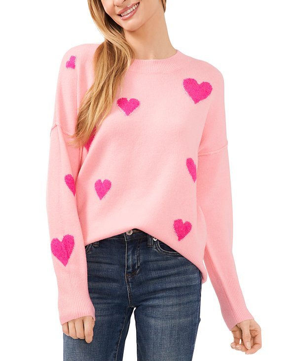 CeCe Women's Heart-Print Crewneck Long-Sleeve Sweater MSRP $79