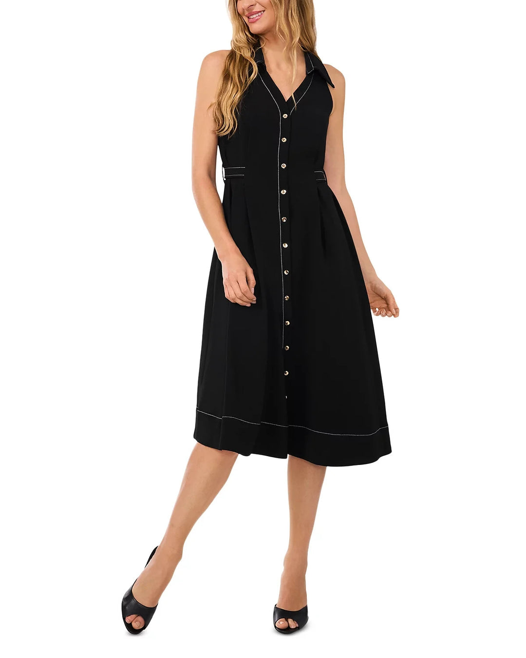 CeCe Sleeveless Collared V Neck Belted Dress MSRP $119
