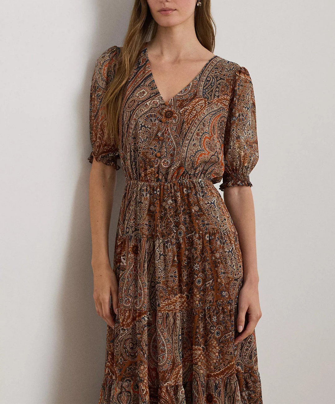 Lauren Ralph Lauren Women's Paisley Belted Crinkle Georgette Dress MSRP $225