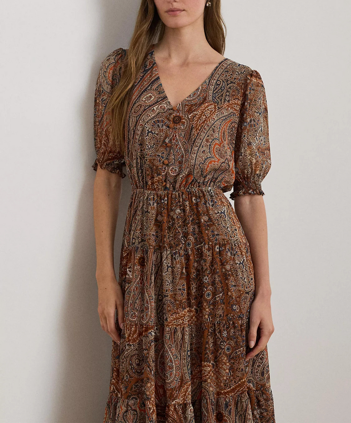 Lauren Ralph Lauren Women's Paisley Belted Crinkle Georgette Dress MSRP $225