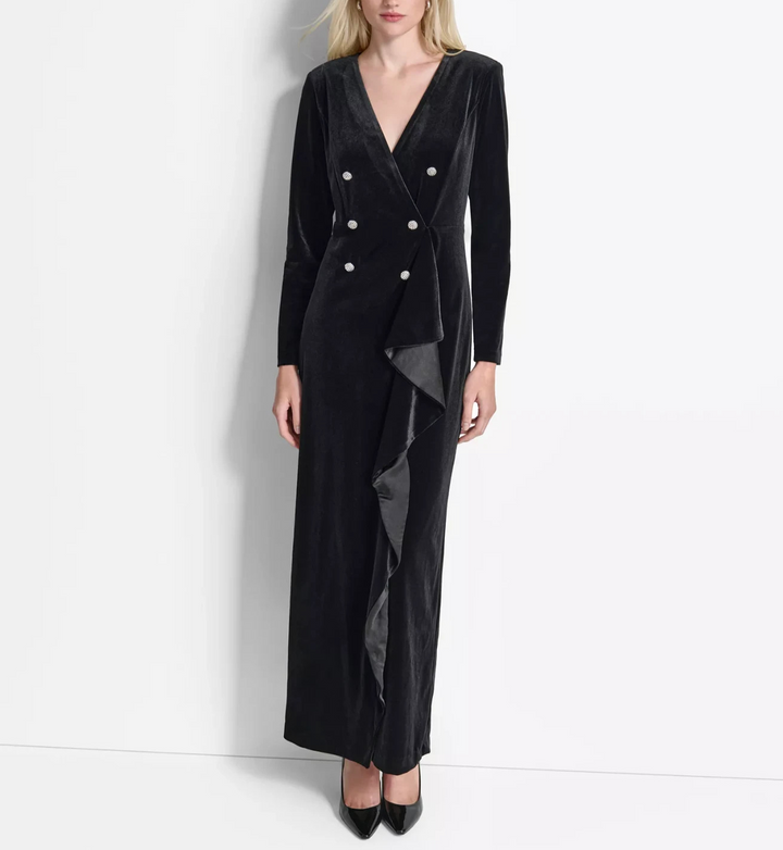 DKNY Velvet Button-Trim Long-Sleeve Blazer Gown MSRP $229