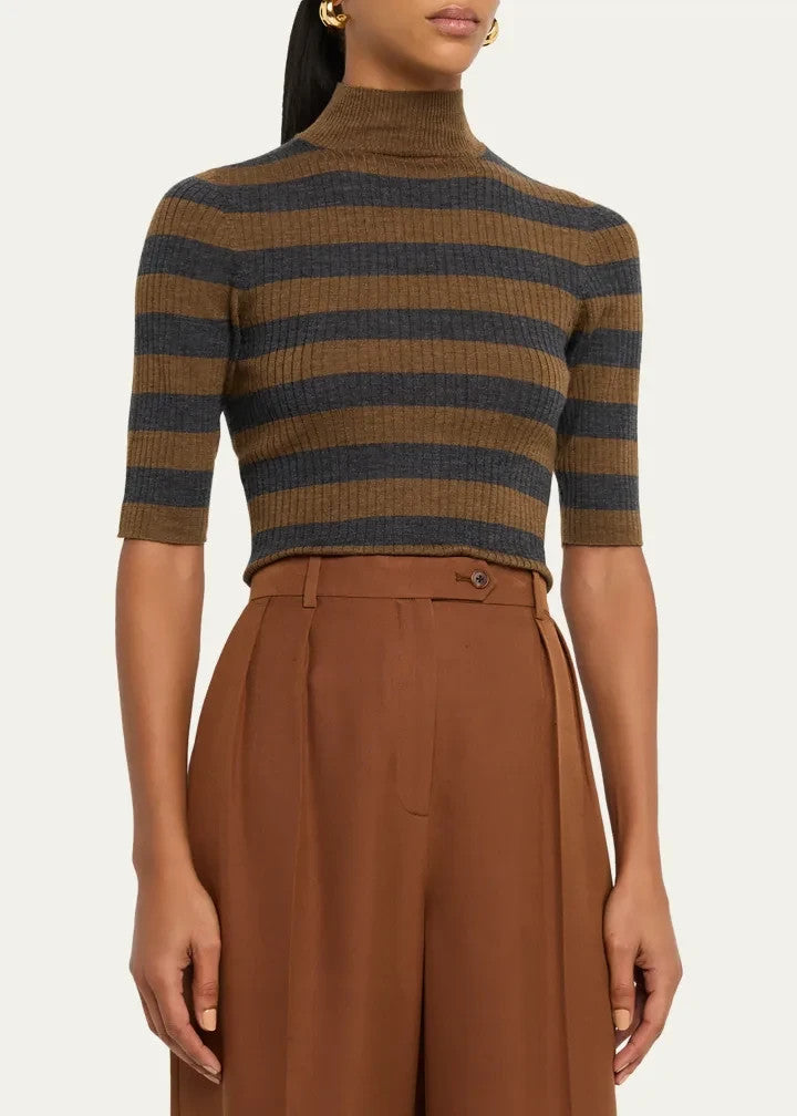 Majestic Filatures Striped Rib Knit Merino Wool Mock-Neck MSRP $280