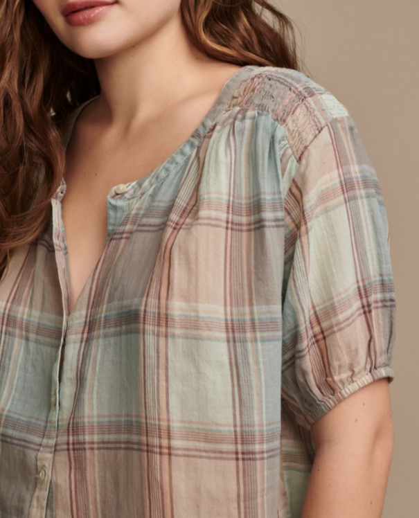Lucky Brand Cotton Plaid Smocked-Shoulder Blouse MSRP $79
