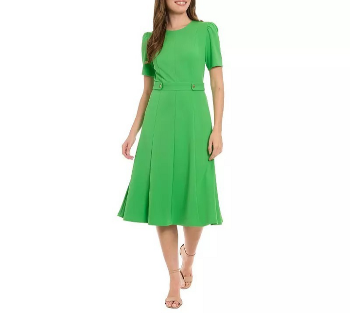 London Times Women's Puff-Sleeve Tab-Detail Fit & Flare Dress MSRP $99