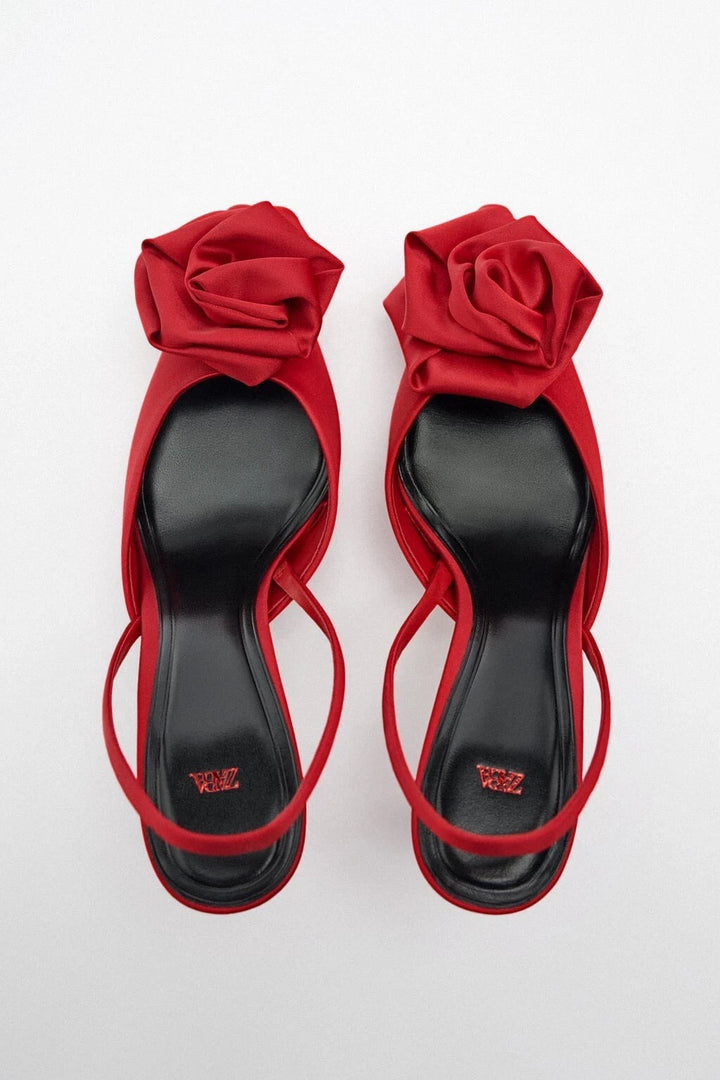 Zara Red Slingback Flower Floral Rosette Satin Pump Heels MSRP $89.90