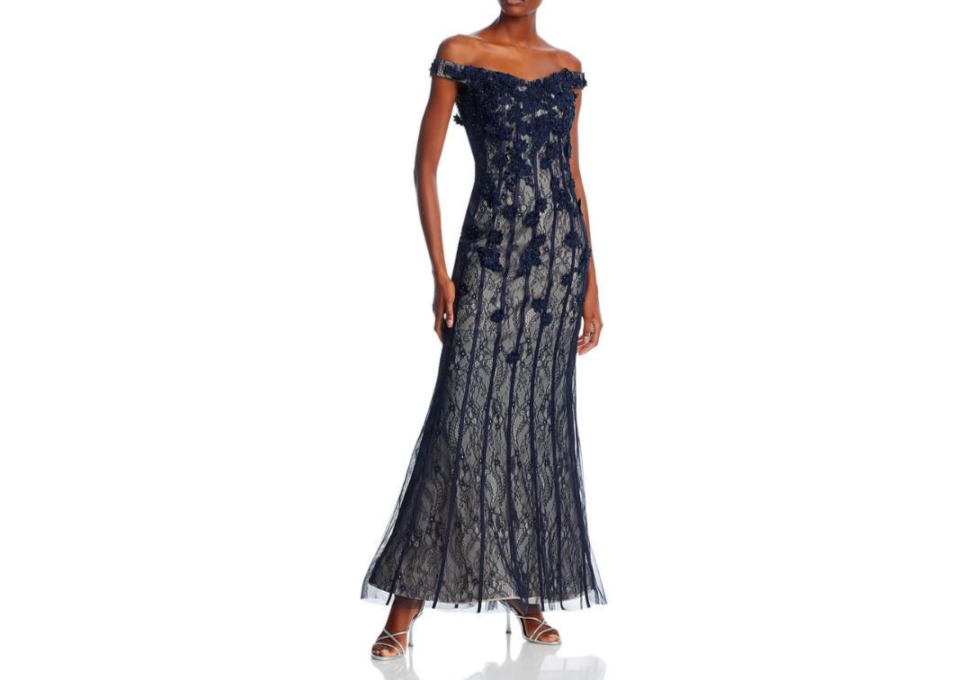 AQUA Embellished Lace Off-the-Shoulder Gown MSRP $378
