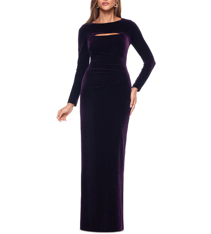 XSCAPE Boat-Neck Long-Sleeve Ruched Velvet Dress 