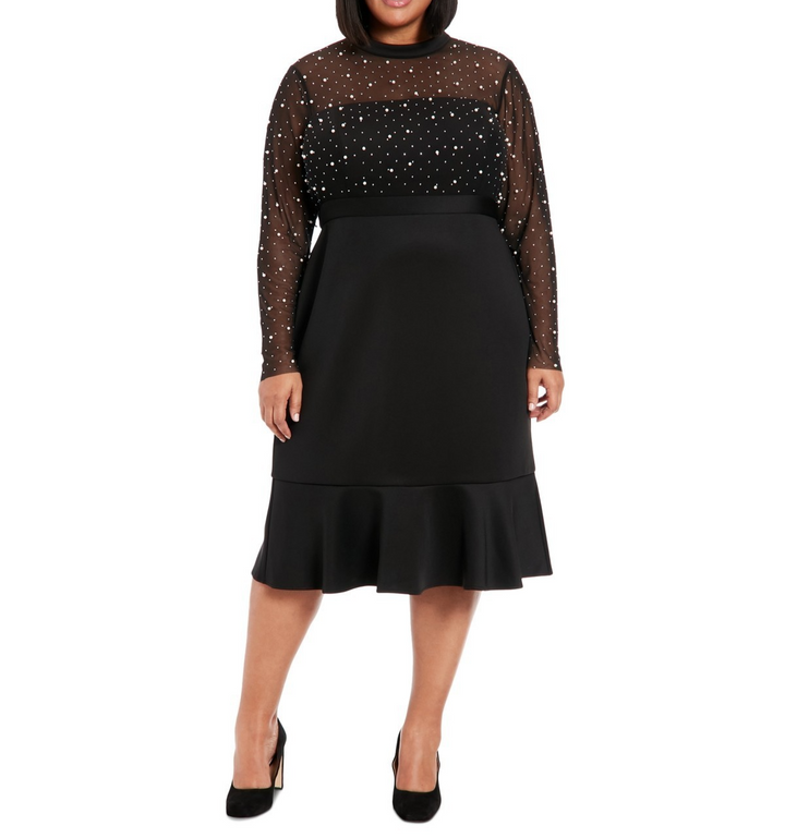 London Times Plus Size Beaded Illusion Mock-Neck Midi Dress MSRP $99