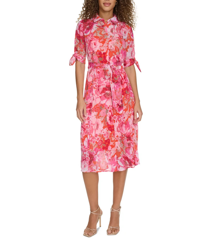 Calvin Klein Women's Printed Button-Front Chiffon Midi Dress MSRP $134