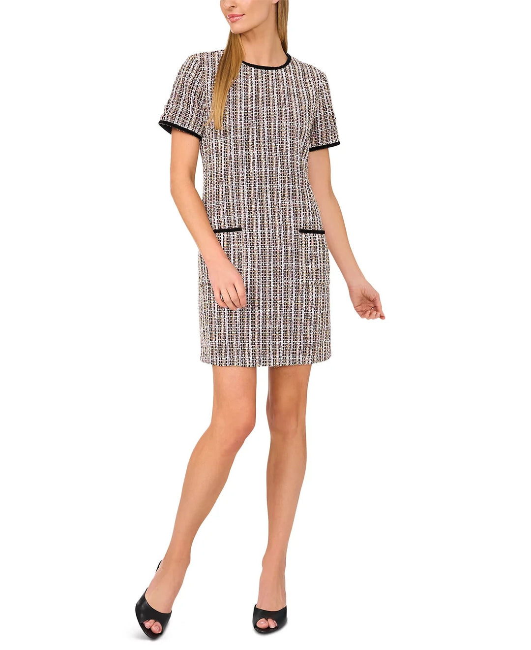 CeCe Contrast-Trim Tweed Short-Sleeve Dress
