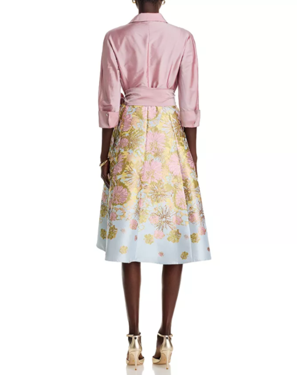 Teri Jon by Rickie Freeman Mixed Media Floral Jacquard Shirt Dress MSRP $610