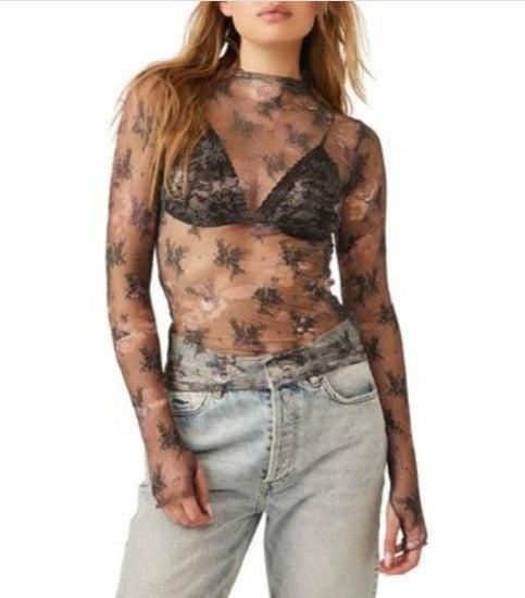 Free People Lady Lux Floral Mesh Layering Top MSRP $40