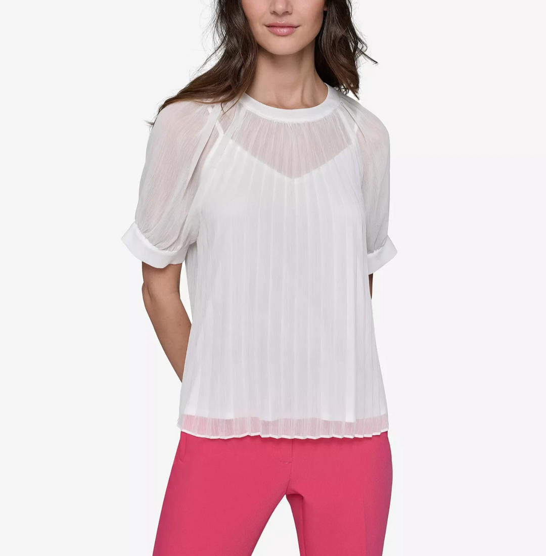 KARL LAGERFELD PARIS Women's Pleated Chiffon Short-Sleeve Blouse MSRP $99