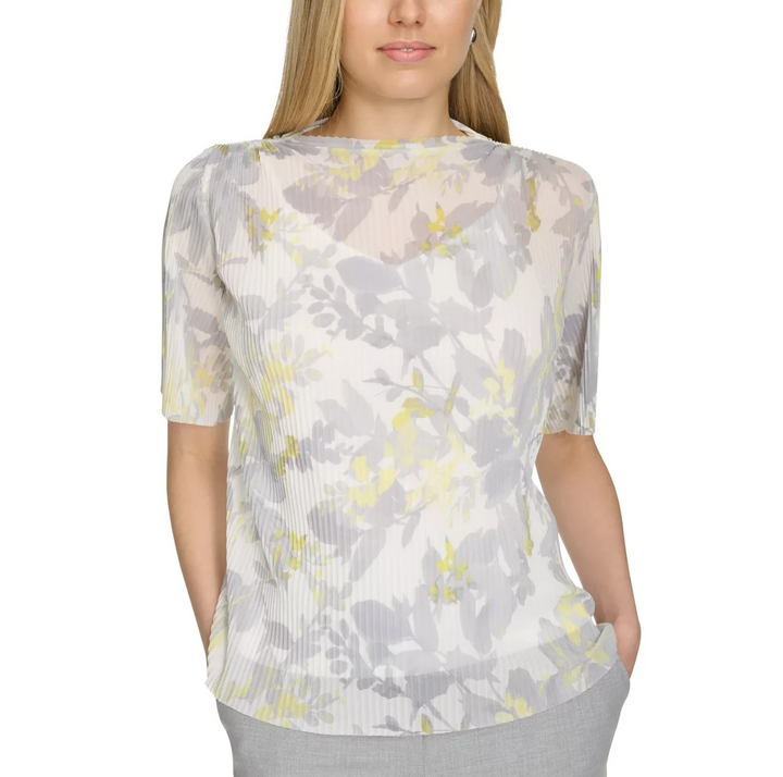 Calvin Klein Women's Short-Sleeve Printed Mesh Top MSRP $79