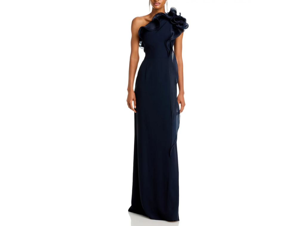 Teri Jon by Rickie Freeman One Shoulder Crepe Column Gown MSRP $970