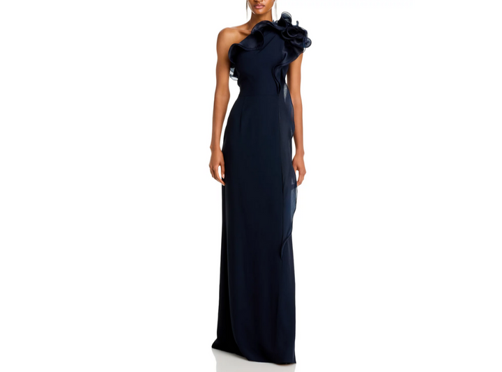 Teri Jon by Rickie Freeman One Shoulder Crepe Column Gown MSRP $970