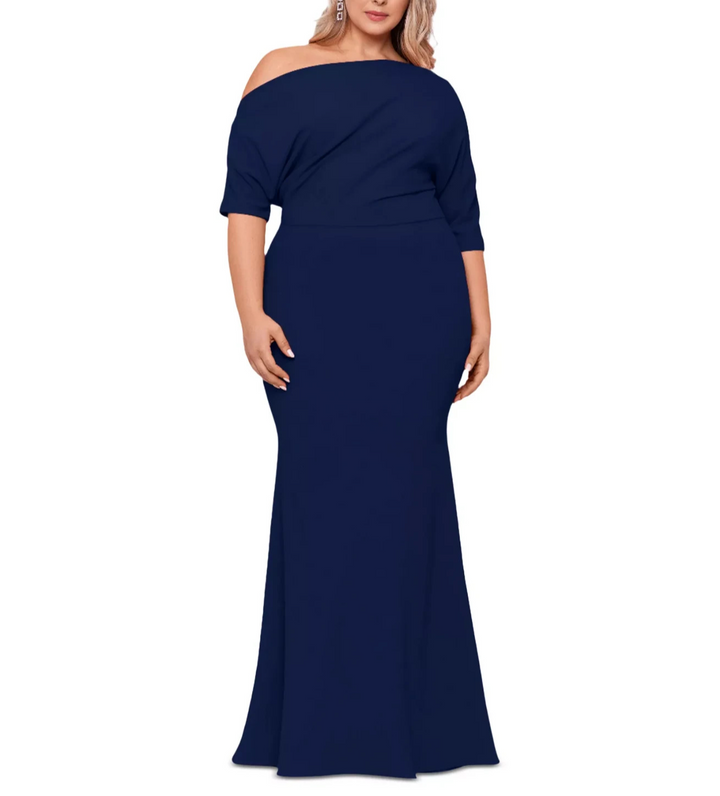 Betsy & Adam Plus Size One Shoulder Scuba Gown MSRP $269
