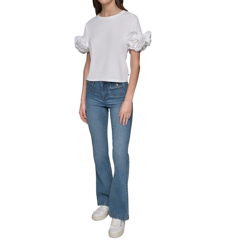 KARL LAGERFELD PARIS Women's 3D Floral-Sleeve Top MSRP $99