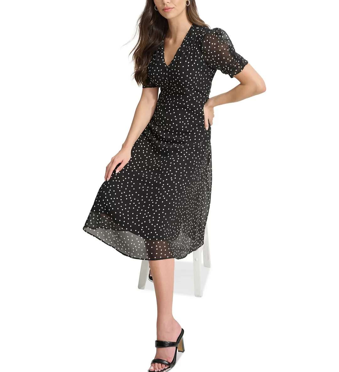 DKNY Polka-Dot V-Neck Button-Trim Midi Dress MSRP $134