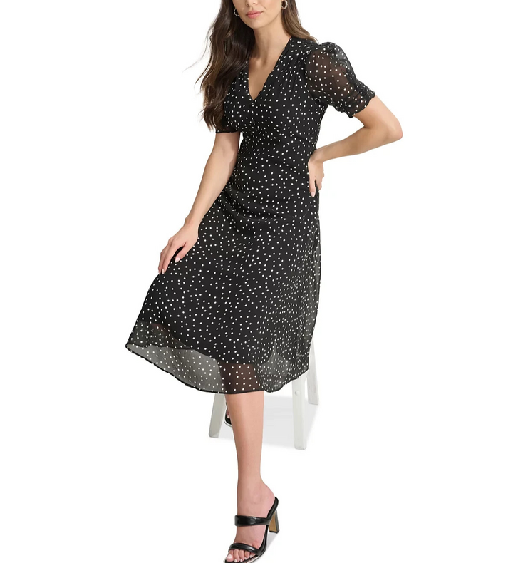 DKNY Polka-Dot V-Neck Button-Trim Midi Dress MSRP $134