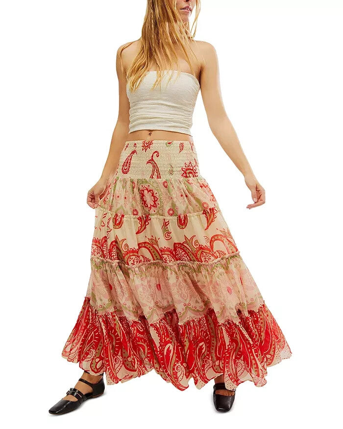 Free People Super Thrills Printed Tiered Maxi Skirt Size S