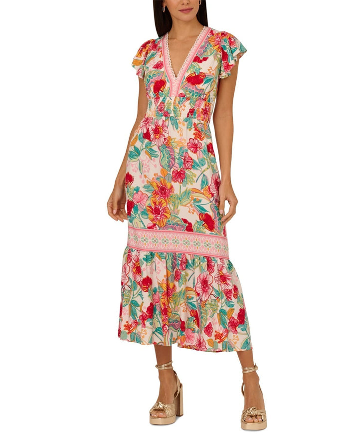 Adrianna Papell Women's Smocked-Waist Flutter-Sleeve Dress MSRP $149