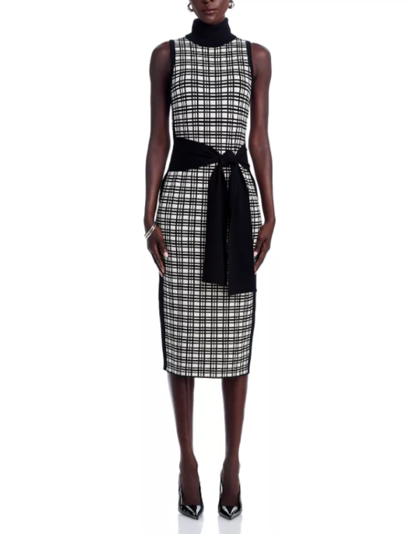 TOCCIN Peggy Sleeveless Turtleneck Tie Front Windowpane Dress MSRP $395