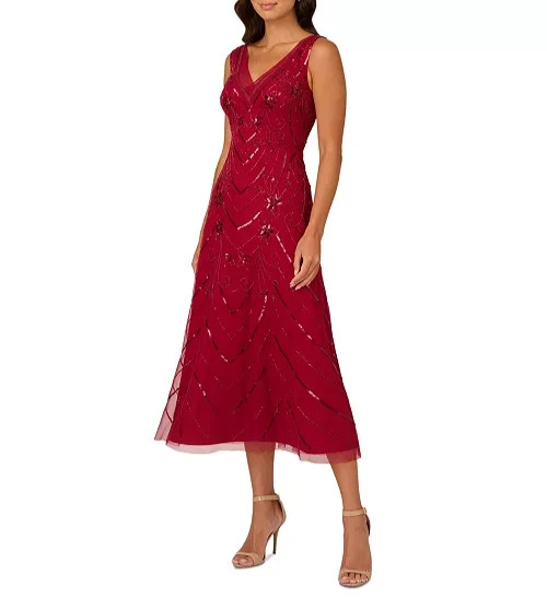 Papell Studio Beaded V-Neck Sleeveless Mesh Dress MSRP $159