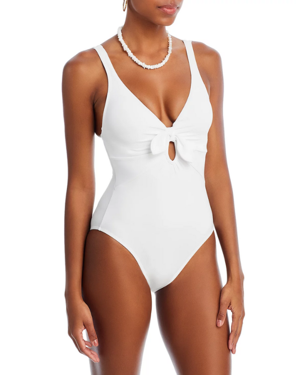 Robin Piccone Ava Plunge Neck Tie-Front One Piece Swimsuit MSRP $178
