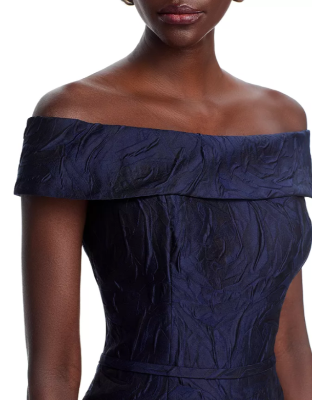Teri Jon by Rickie Freeman Jacquard Off-the-Shoulder Gown MSRP $500