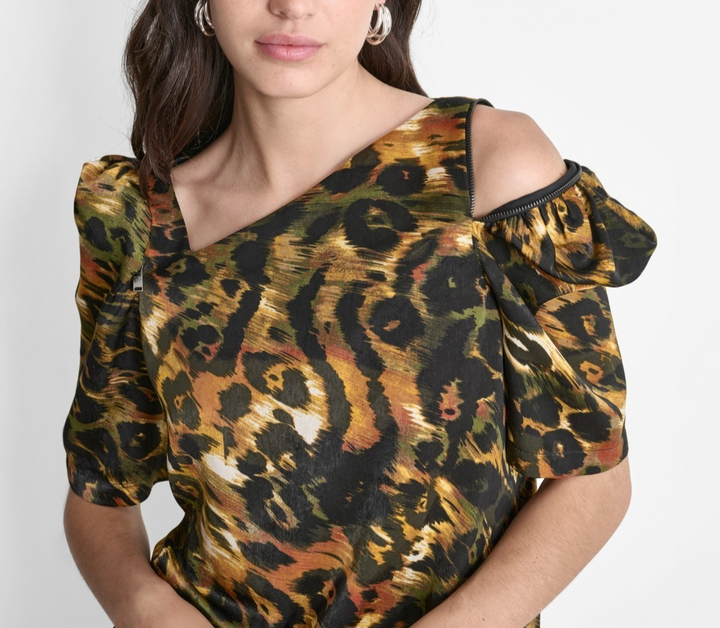 DKNY Women's Printed Asymmetric Zip-Shoulder Blouse MSRP $89