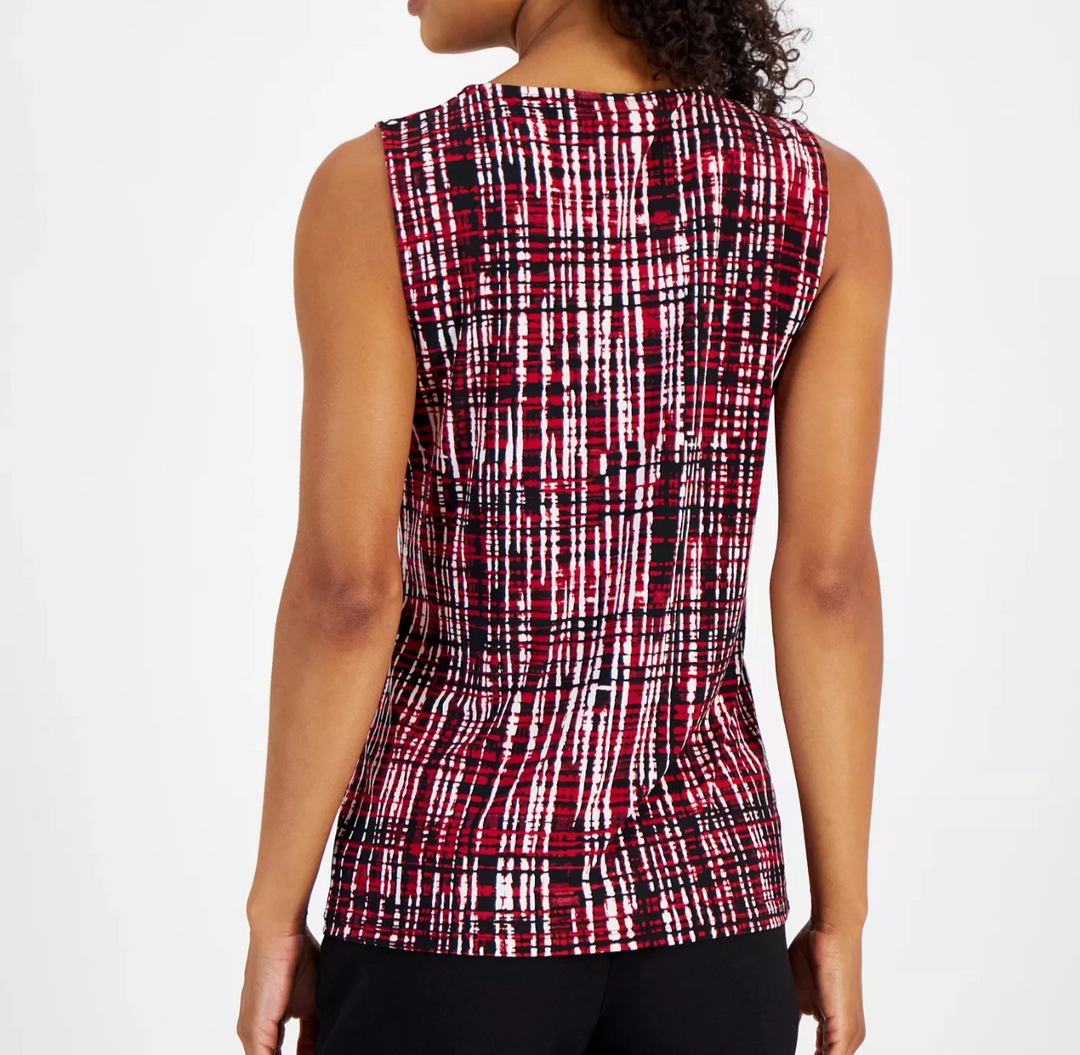 Kasper Women's Graphic-Print Pleat-Neck Sleeveless Knit Top MSRP $49