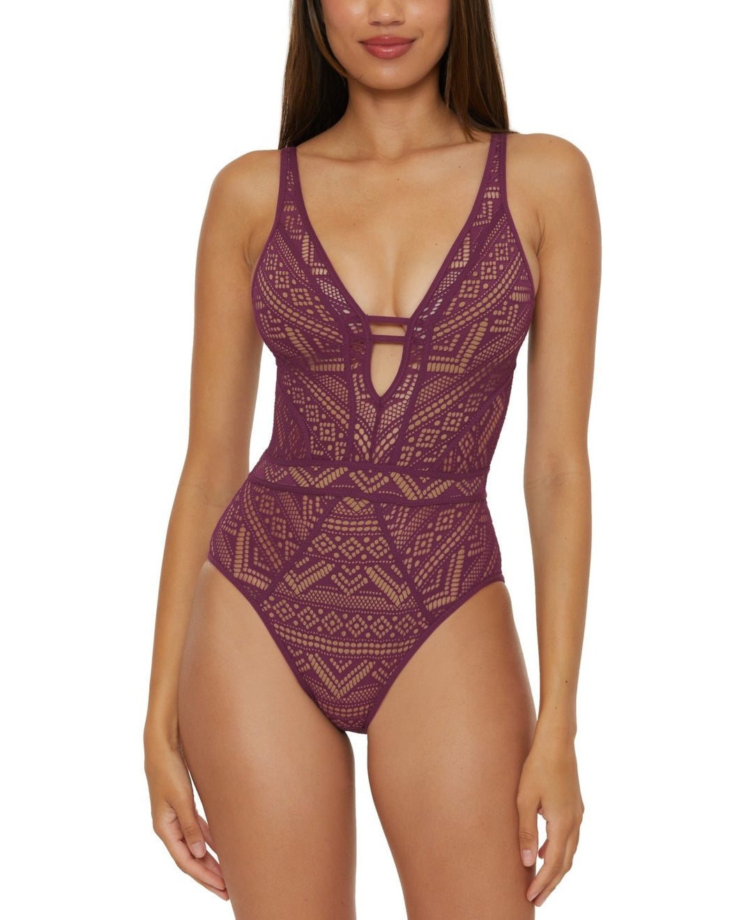 Becca Color Play Crochet Plunge-Neck One-Piece Swimsuit MSRP $128