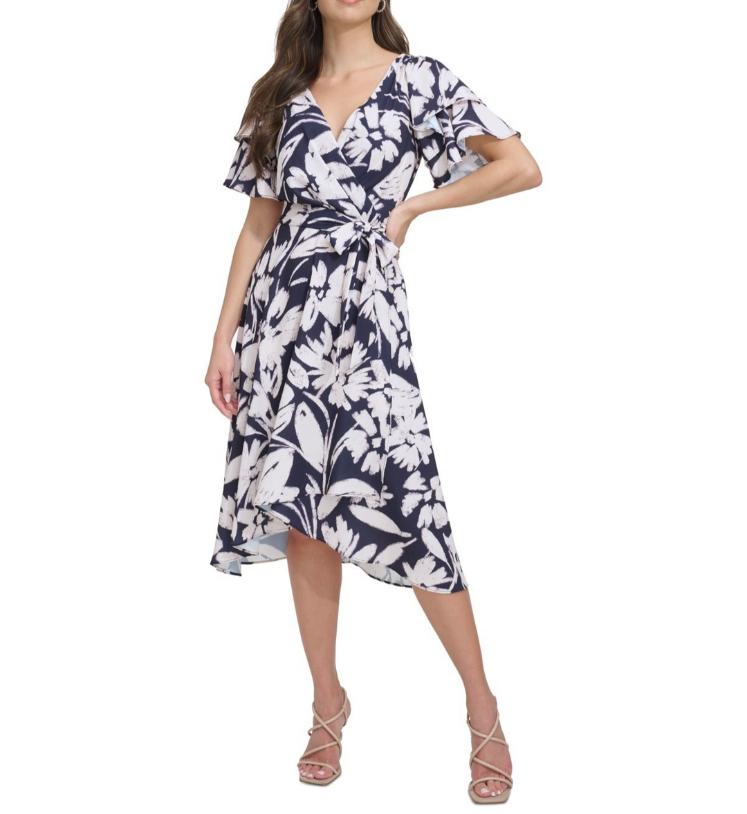 DKNY Petite Flutter-Sleeve Drapey-Crepe Fit & Flare Midi Dress MSRP $129