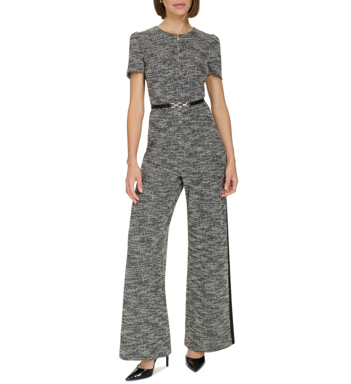 Tommy Hilfiger Women's Mixed-Media Belted Jumpsuit