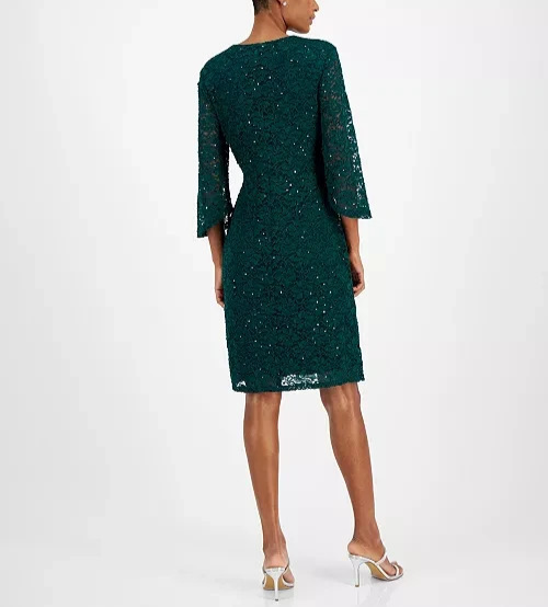 Connected Sequin-Lace 3/4-Sleeve Faux-Wrap Dress MSRP $99