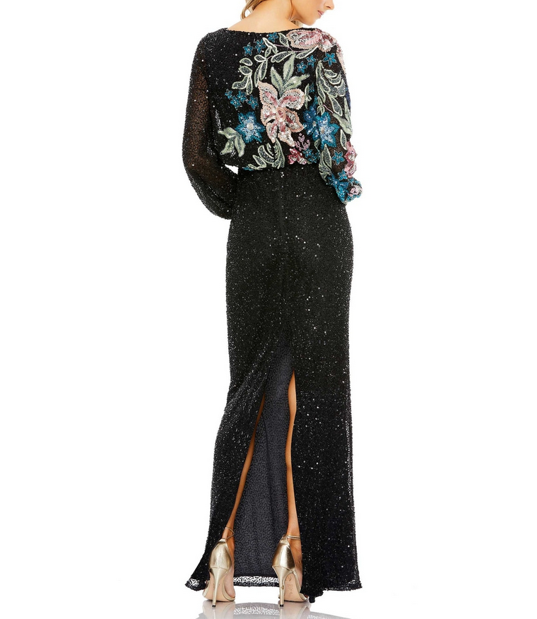 Mac Duggal Embellished Sequin Long Sleeve Blouson Gown MSRP $598