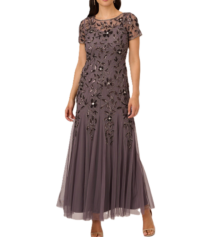 Adrianna Papell Hand Beaded Short Sleeve Floral Godet Gown MSRP $300