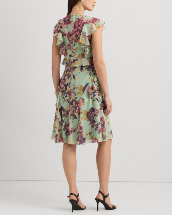 Lauren Ralph Lauren Ruffled V-Neck A-Line Dress MSRP $185