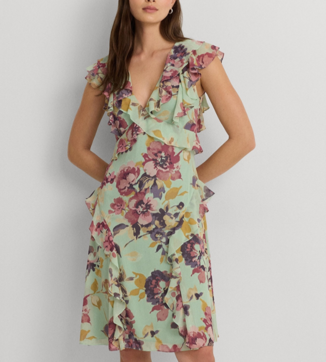 Lauren Ralph Lauren Ruffled V-Neck A-Line Dress MSRP $185