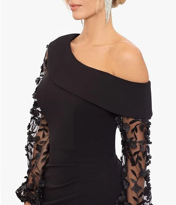 XSCAPE Off-The-Shoulder Floral-Sleeve Scuba Crepe Gown MSRP $299