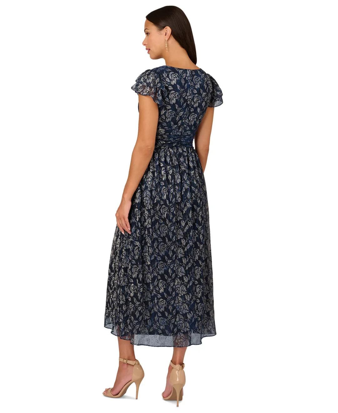 Adrianna Papell Metallic-Print Crinkle Belted Dress MSRP $229