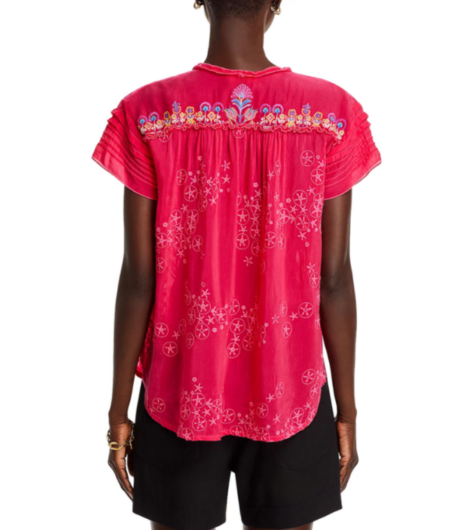 Johnny Was Laferet Embroidered Split Neck Blouse MSRP $295