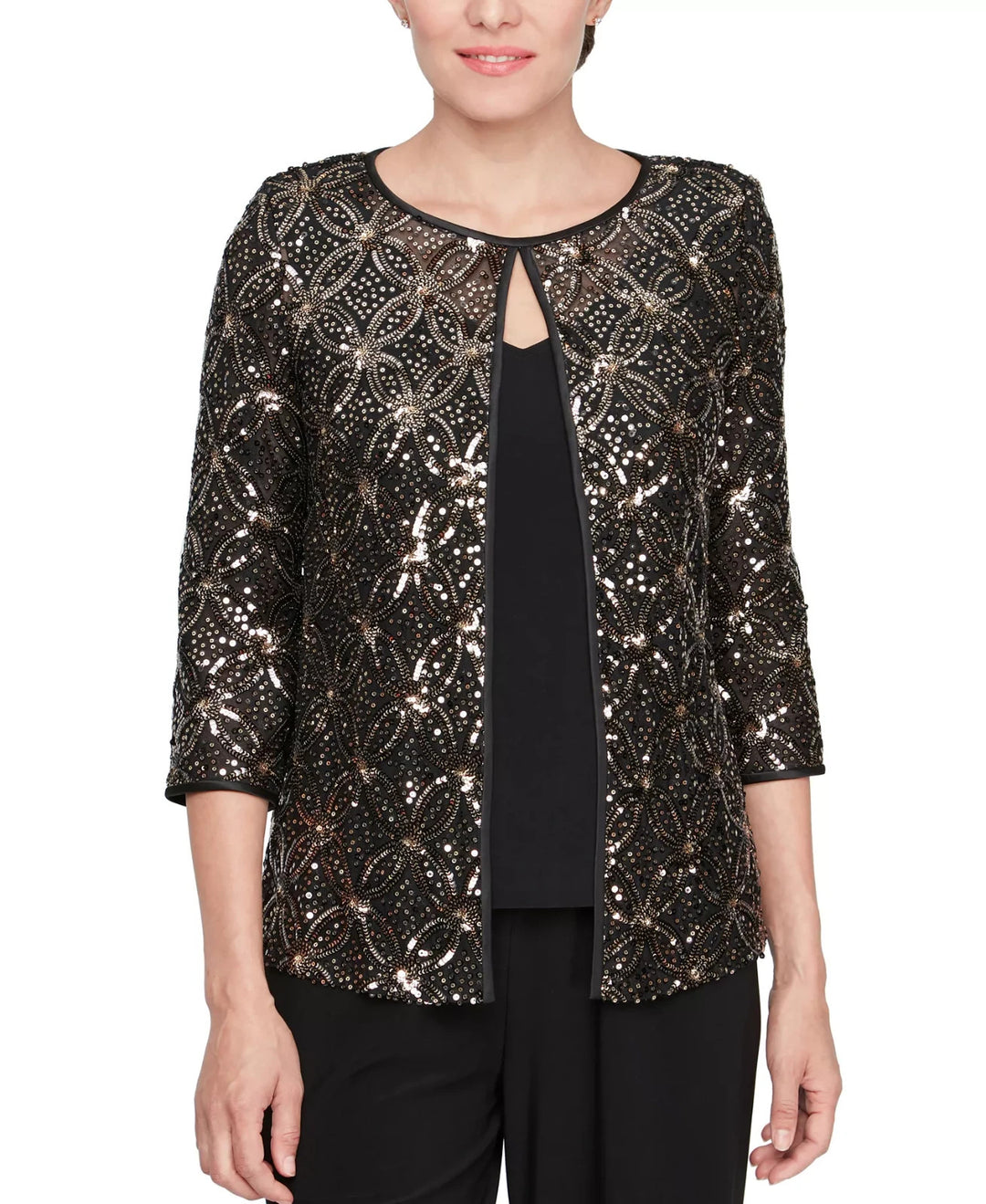 Alex Evenings Petite Sequinned Flyaway 3/4-Sleeve Top MSRP $159